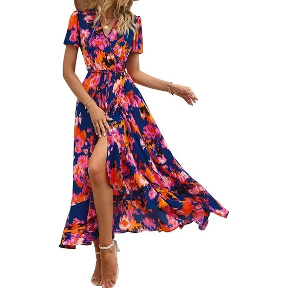 Dresses | Womens Summer Wrap Maxi Dress Casual Boho Floral V Neck Short  Sleeve Ruffle